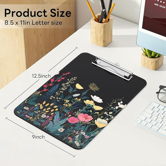 Luminzo Plastic Cute Clipboard Low-Profile Metal Clip, A4 Letter Size 9 x 12.5 in, 8.5 x 11 Paper Clip Board for Teachers, Nurses, Classroom,Wild Flower