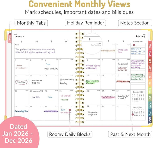 Forvencer 2026 Planner, Hardcover Calendar Planner Weekly and Monthly, Jan 2026 - Dec 2026, 6" x 8", Spiral Agenda Book with Tabs, Exquisite Daily Journal Organizer for Home School, Navy Blue
