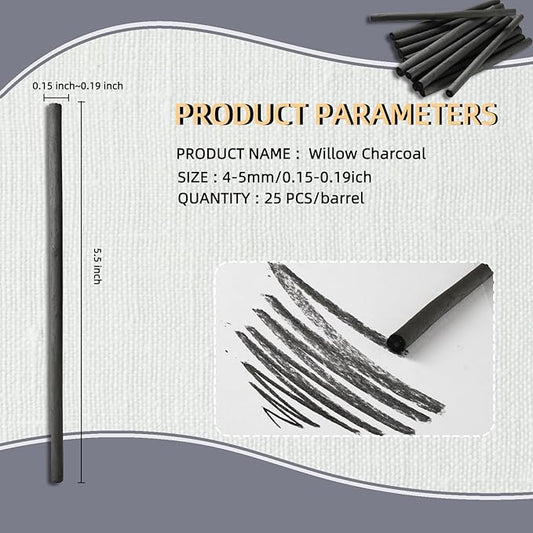 Trzzyan 25 PCS Willow Charcoal Sticks, Ideal for Artists, Beginners, Students, Perfect for Sketching, Drawing, Shading, and Fine Art, 5.7 Inches Long, 2-4,4-5,5-7,7-9 (4-5)