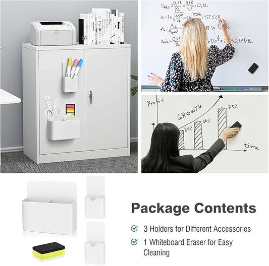 MoKo Magneitc Dry Erase Marker Holder Set, 3-Pack Magnetic Marker Pencil Holder Pen Organizer for Metal & Magnetic Surface, 1 Large with Divider & 2 Small Holders & 1 Dry Eraser, White