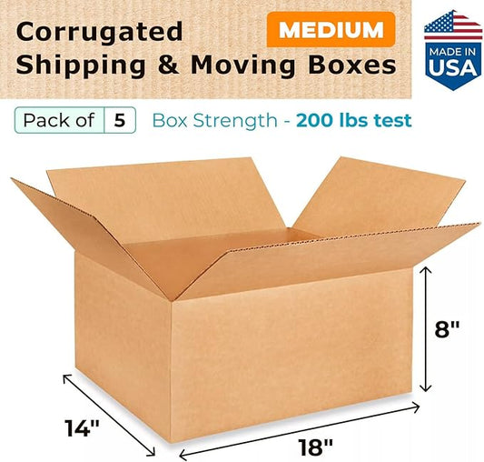Medium Shipping & Moving Boxes 18 x 14 x 8 inches (5-Pack) - Extra Strength 200 lb vs Regular - Corrugated Durable Boxes for Packaging - Cardboard Moving Box - Corrugated Box by IDL Packaging