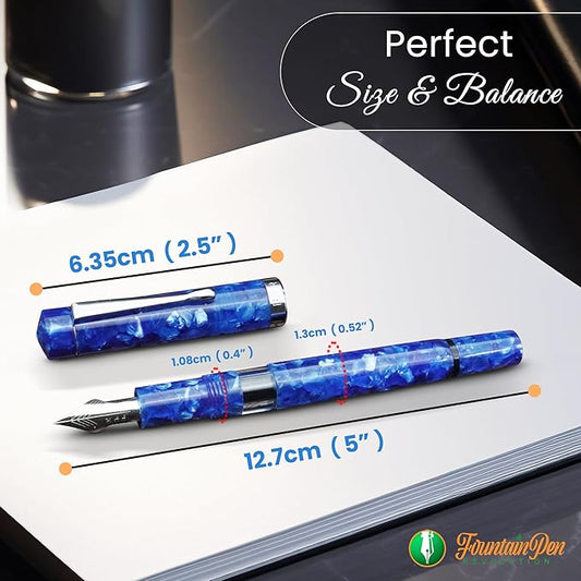 Jaipur V2 Piston Filled Refillable Fountain Pen - Blue Ultra Flex Cursive Pen w/Stainless Steel Nib - Luxury Pens w/Acrylic Body & Ebonite Feed - Fountain Pens for Journaling & Calligraphy