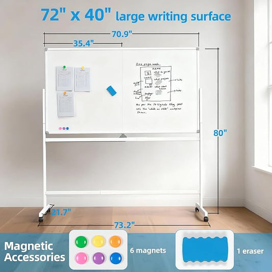 VOWNER Double-Sided Magnetic Whiteboard, 72" x 40" Large Mobile Dry Erase Board, Reversible Rolling White Board with Aluminum Frame & Stand, for Home Office, Classroom, School, White