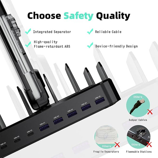 420W Charging Station for Multiple Devices, Zobirez 10-Port USB C Fast Charger Stations for MacBook, iPhone, Android Cell Phone, iPad, Tablet, Family Multi-Device Organizer Charging Dock, Black