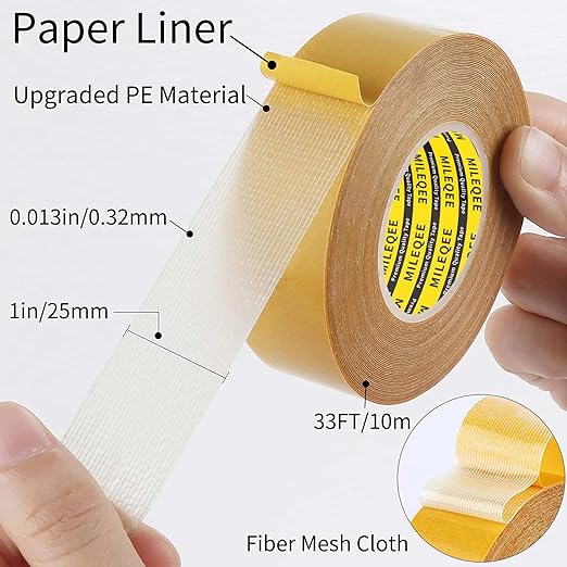 MILEQEE Double Sided Tape Heavy Duty,1in x 33FT(10m), Universal High Tack, Strong Wall Adhesive with Fiberglass Mesh, Super Sticky Resistente Clear Tape, Easy Use Transparent Tape School Supplies