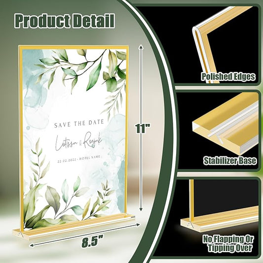 Acrylic Sign Holder 8.5 x 11,9 Pack Clear Sign Holder Double Sided Gold Table Menu Vertical Desktop Display Stand Paper Flyer Holder Tabletop Sign Holder Suitable for Restaurants, Office, Store,Hotels