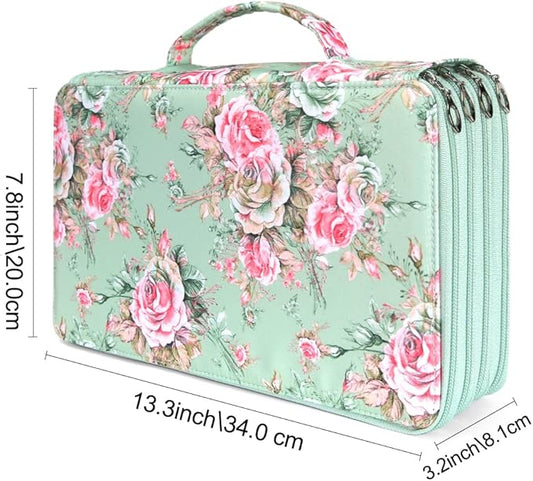 Vomgomfom Large Capacity Colored Pencil Case - Twill Fabric Holder With Zipper Closure for 300 Pencils or 200 Gel Pens, Organizer for Artists (Green Rose)