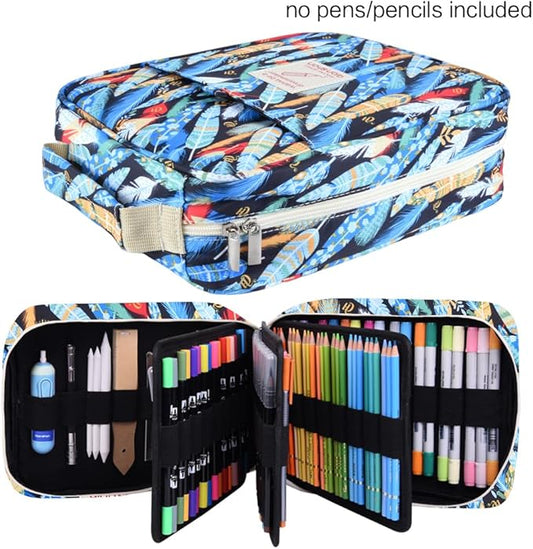 qianshan Pencil Case Holder Slot - Holds 202 Colored Pencils or 136 Gel Pens with Zipper Closure - Large Capacity Pen Organizer for Watercolor Pens or Markers - Perfect for Artist.Blue Feathers