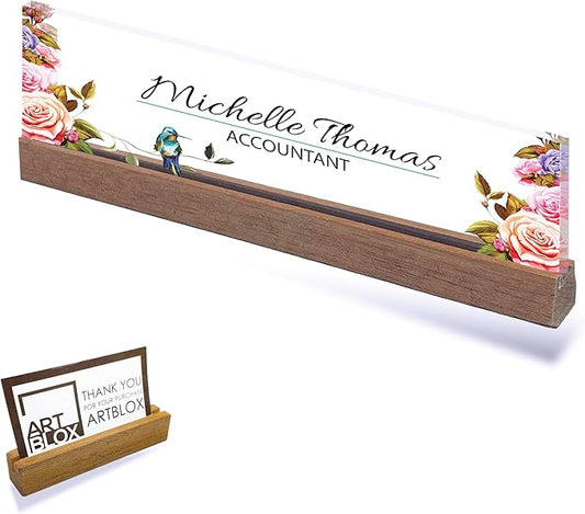ARTBLOX | Office Personalized Name Plate Flower with Bird Design On Clear Acrylic Glass for Desk with Business Card Holder