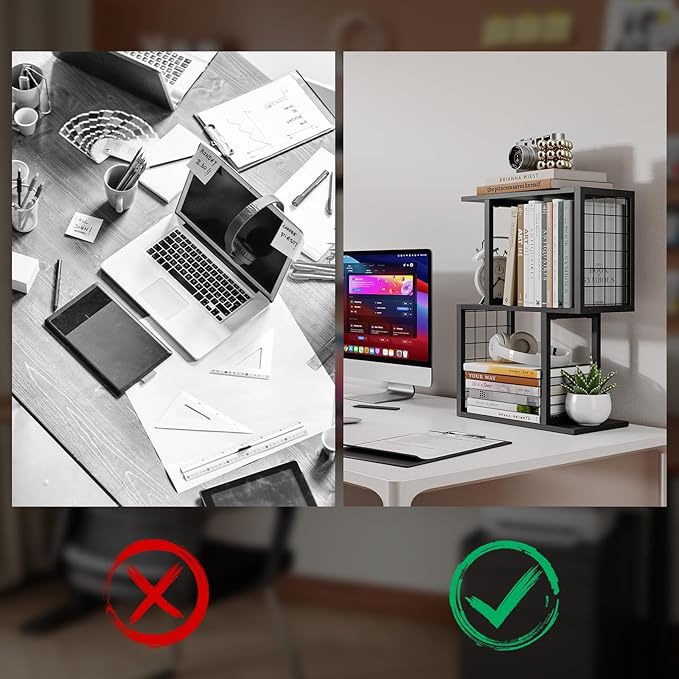 Vfelf Bookshelf Desk Organizer,3-Tier Shelf for Top of Desk Workspace Organizers for Office Accessories, Black