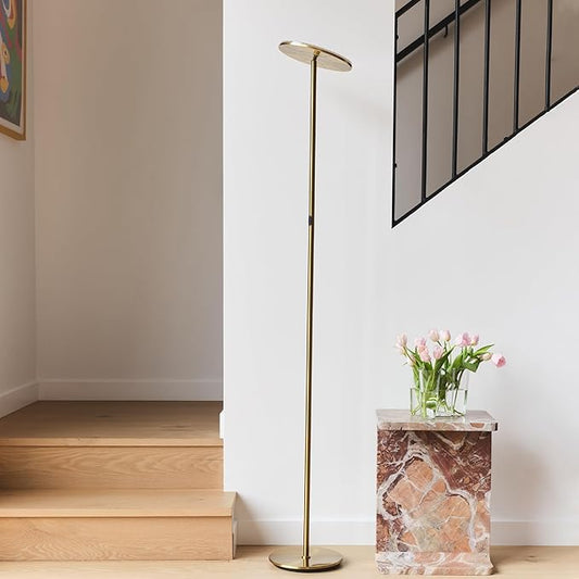 Brightech Sky LED Floor lamp, Torchiere Super Bright Floor Lamp for Living Room Decor & Office - Dimmable, Tall Standing Torch Lamp with Warm Light for Bedroom & Reading - Gold Brass