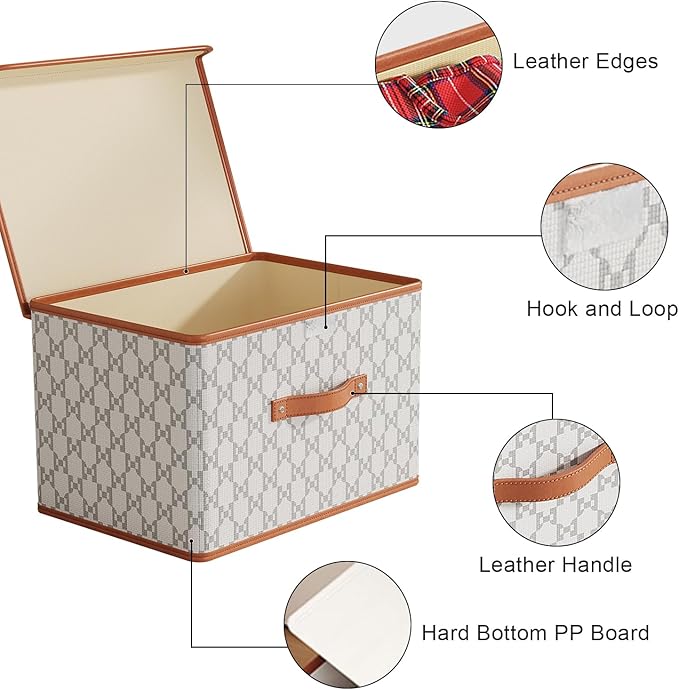 Tuza 4 Pack Fabric Storage Bins with Lids, Collapsible Closet Organizer Container, Decorative Storage Boxes with Lids for Organizing Clothes, Blanket, Grey & White, Medium