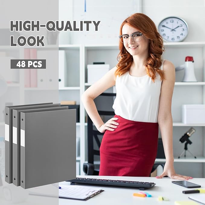Henoyso 48 Pcs 3 Ring Binder 0.5 Inch Round Fits Letter Size 8.5'' x 11'' Paper Plastic Flexible Binder Bulk Holds 140 Sheets with 1 Pockets Versatile Organizer for Home Office School (Gray)