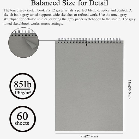 Fuxi Toned Grey Sketch Pad, 9x12 Spiral Sketchbook, 60 Sheets (85lb/130gsm) Art Paper, Artist Paper for Drawing with Pencil, Charcoal for Artists & Students, Art Class.