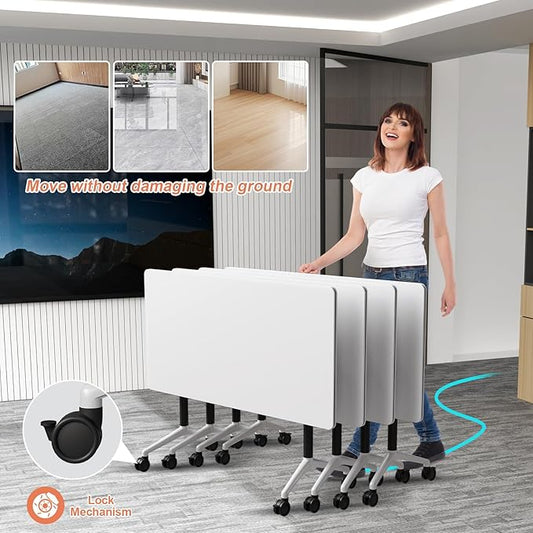 Conference Table Flip Top Mobile Conference Room Tables,Folding Conference Table with Wheels,Large Meeting Training Seminar Table Saving Space for Office Classroom(4A,55.1'')