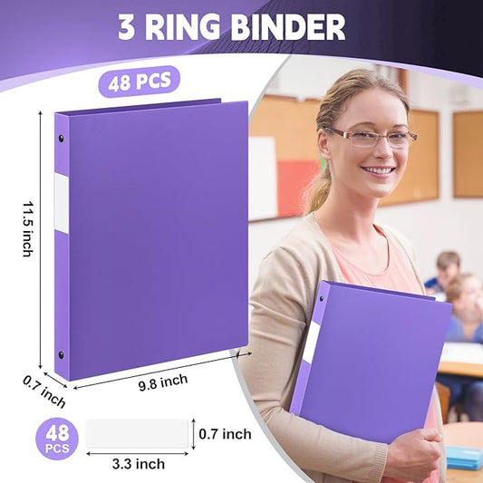 Henoyso 48 Pcs 3 Ring Binder 0.5 Inch Round Fits Letter Size 8.5'' x 11'' Paper Plastic Flexible Binder Bulk Holds 140 Sheets with 1 Pockets Versatile Organizer for Home Office School (Purple)
