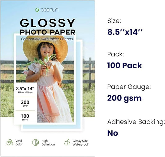 Glossy Photo Paper 8.5 x 14, Goefun 200 GSM/54 LB Legal Printer Paper for Inkjet Printer and Dye Ink, 100 Sheets