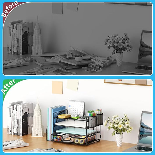 Marbrasse Desk Organizer and Accessories,4-Tier Paper Letter Tray Organizer with File Holder, Desk Accessories & Workspace Organizers with Drawer and 2 Pen Holder (Black, 15.4" x 9.1" x 8.3")