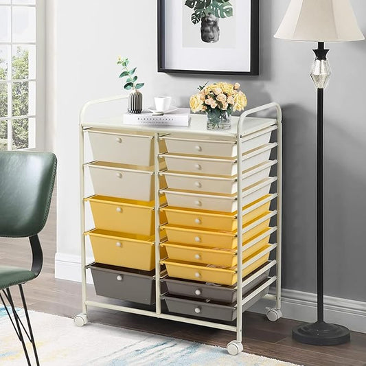 LDAILY 15 Drawer Rolling Storage Cart, Rolling Cart with Drawers for Classroom, Art Supply Craft Organizer on Wheel with Metal Frame & Handles for Home Office School