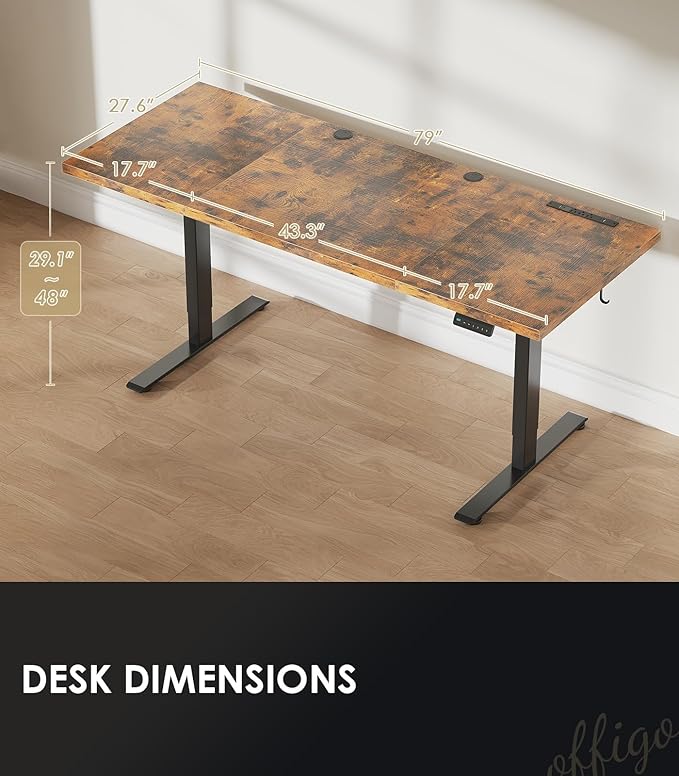 OffiGo 79 Inch Executive Electric Standing Desk, Height Adjustable Desk with Power Outlet & 1.38" Thick 3-Piece Desktop, Sit Stand Computer Desk for Home, Office, Conference Room, Rustic Brown