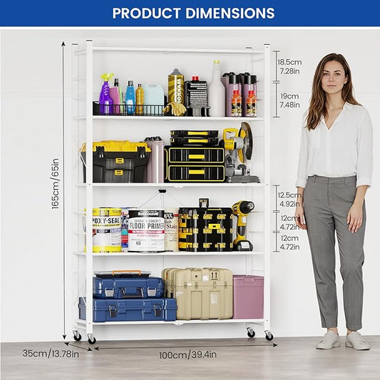 ALANNG 40" W Foldable 5-Tier Storage Shelves with Wheels, Adjustable & Removable Metal Rack, Heavy Duty Rolling Organizer for Kitchen, Garage, Closet, Pantry, and Office (White,2 Pack)
