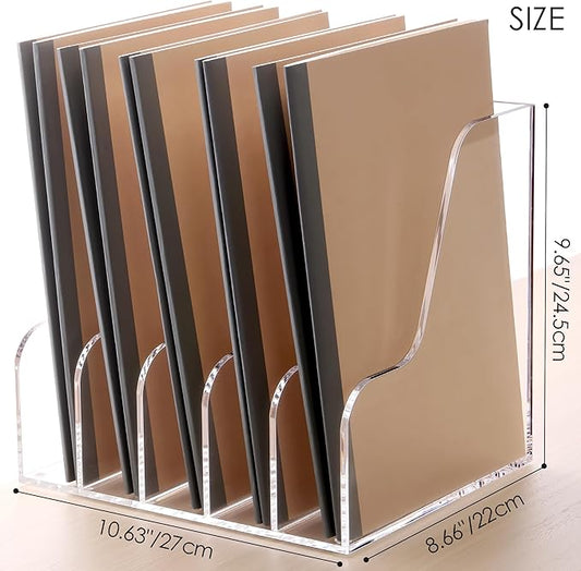SANRUI Acrylic File Organizer, Compact Desk Organizer for Folders, Binders, Notebooks, Envelopes, Clear Magazine File Holder, 5 Section Bookshelf for School Home Office Organization, A4