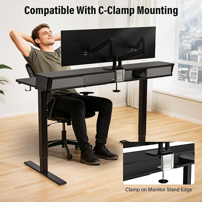 Kingant 48 x 24 Inch Electric Standing Desk with Dual Drawers, Height Adjustable Sit to Stand Computer Desk with Storage Shelf and C-Clamp Mount Compatibility for Home Office, Black