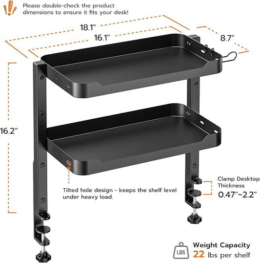 ARES WING 2-Tier Clamp On Desk Shelf, 16 inch Adjustable Above or Under Desk Storage Shelves Holds 44 lbs, Heavy Duty Desktop Organizer with Headphone Holder for Working and Gaming Accessories, Black