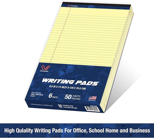 Woodlake Legal Pads 8.5 "x 14" – 6‑Pack, Wide Ruled, Premium Yellow Paper Pad No ink Bleed, Micro‑Perforated Writing Pads,50 Sheets, Legal Size Note pads for School, Office & Home, Made in USA