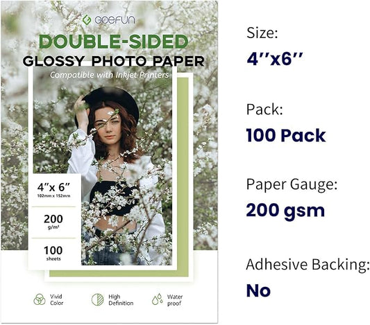 4x6 Photo Paper Double Sided Glossy, Goefun 200 GSM/54 LB Postcard Paper for Inkjet Printer and Dye Ink, 100 Sheets