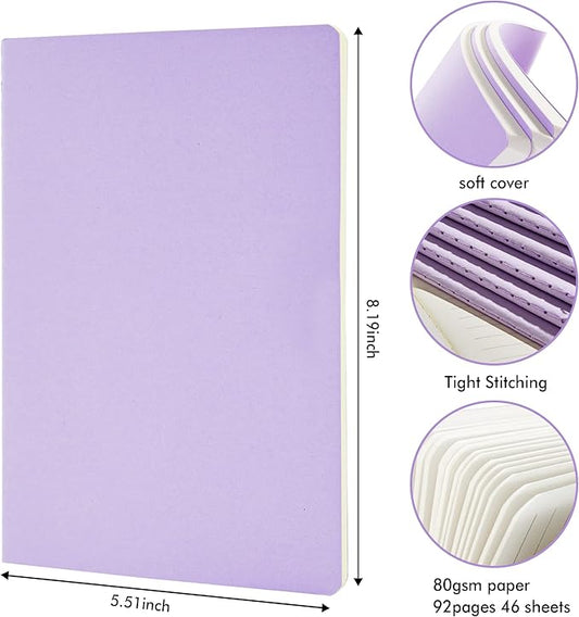 feela 8 Pack Soft Cover Journal Bulk, Notebooks College Ruled for Work, Lined Travel Journal for Women Men, Note Taking Notebook School Supplies Business Writing, 8.2” x 5.5”, A5, Light Purple