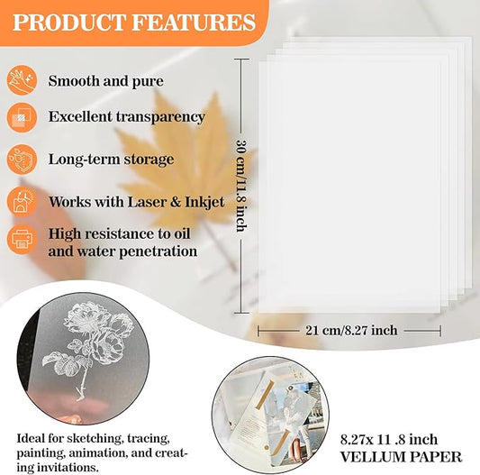 Vellum Paper 8.27 x 11.8 Translucent-Printable - Translucent Vellum Paper Tracing for Crafts Tracing,Drawing,Card Overlays,Invitation Envelope 30 Sheets