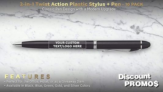 DISCOUNT PROMOS Custom Twist Action Plastic Stylus Pens, Set of 10, Personalized Bulk Pack - Pens for Work, Cool Pens for Writing, Black Ink - Black