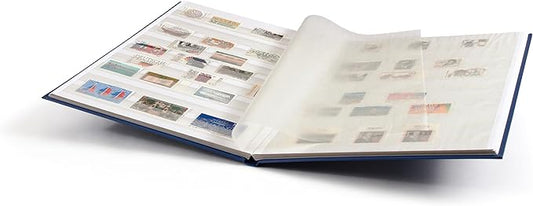 LIGHTHOUSE – “BASIC” Hard Cover Stockbook for Stamps – 16 White Cardstock 9”x12” (A4) Pages with Glassine Strips - Blue