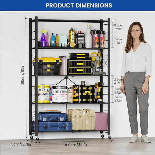 ALANNG 40" W Foldable 5-Tier Storage Shelves with Wheels, Adjustable & Removable Metal Rack, Heavy Duty Rolling Organizer for Kitchen, Garage, Closet, Pantry, and Office (Black,3 Pack)