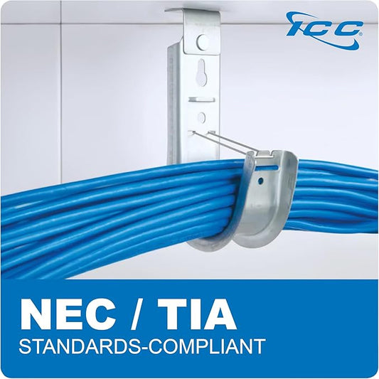 ICC Ceiling Mount J Hook 2” with Retainer Clip - Galvanized Steel Cable Management Hooks for Hanging Cable - Rust-Resistant, EIA and TIA Compliant - 2 Inch 25-Pack