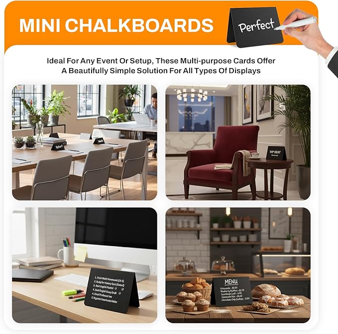 20 Pack Mini chalkboard signs for food, 4āx3ā Small Reusable Chalk Board Signs w/Spray Bottle, Food labels for party buffet, Table Signs for Wedding, Name Tags & Bakery w/ 12 Markers & 2 Wiping Cloths
