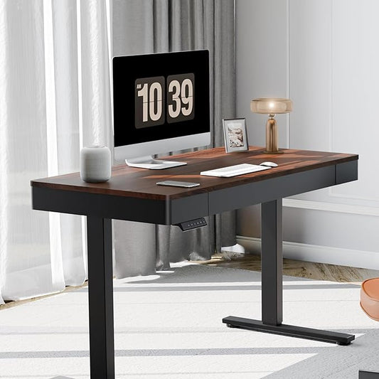 FLEXISPOT Q5 Standing Desk with Drawer, 48 x 24 Inch Electric Adjustable Height Stand Up Desk with Storage Organizer, Whole Piece Wooden Desktop for Home, Office, Computer Workstation, Dark Walnut