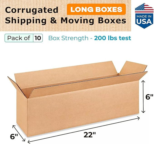 Long Moving & Shipping Boxes 22x6x6 inches (10-Pack) - Extra Strength 200 lb vs Regular - Corrugated Packing Boxes for USPS/UPS/FEDEX - Cardboard Moving Box - Long Box by IDL Packaging