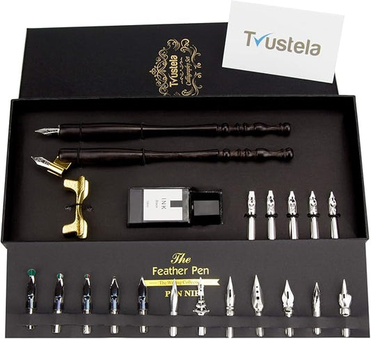 Trustela Calligraphy Set for Beginners — 19 Nibs, Oblique Pen Holder, Wooden Set