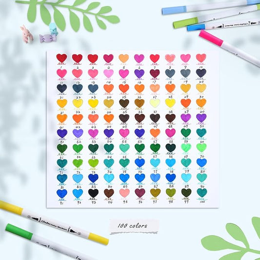 Ohuhu Markers for Adult Coloring Books No Bleeding 100 Colors Coloring Markers Water-based Dual Tips Fineliner & Brush Drawing Pens Art Pens for Kids Adults Sketch Journal - Maui - White
