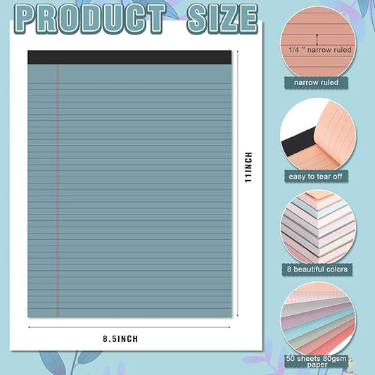 Fuutreo 8 Pcs 8.5'' x 11'' Colored Legal Pad Writing Pads Narrow Ruled 50 Sheets Per Notepad Perforated Writing Notepad Office Supplies for College Office Business (Vintage Color)