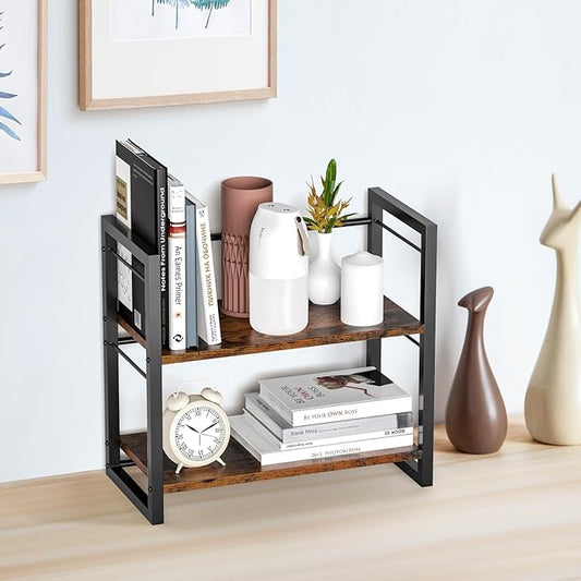 ART-GIFTREE Office Desk Shelf Organizer, Wood Desktop Bookshelf Supplies Storage Rack, Shelf for Top of Desk and Dresser (Brown-2 Tier)
