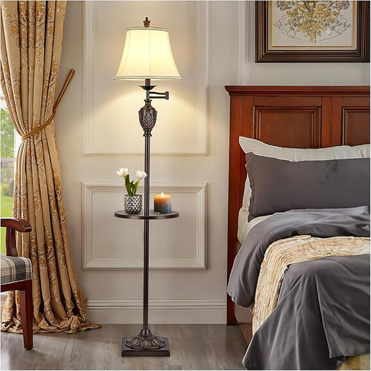 Traditional LED Floor Lamp with 350° Adjustable Swing Arm Lamp – Vintage Standing Pole lamp for Living Room, Bedroom and Office – Rustic Upright Floor Light for Home Décor with Silk Fabric Shade