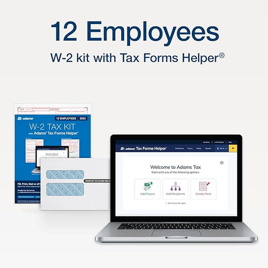 Adams W-2 Forms 2025, 6-Part Kit for 12 Recipients, Includes 12 Envelopes, 3 W-3 Forms, QuickBooks Compatible, eFile Access and Printing Through Adams Tax Forms Helper Software (1017237)