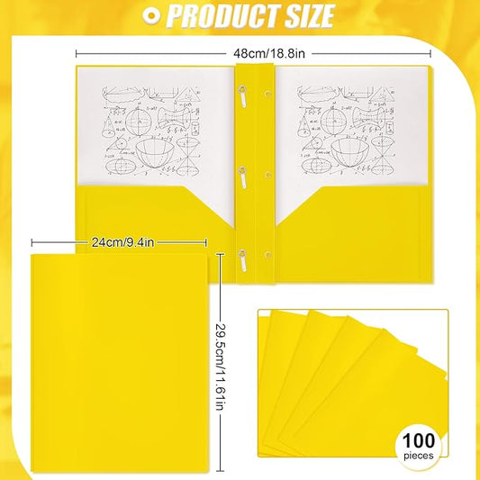 Lincia 100 Pcs Plastic Folders with Pockets and Prong Folders with Prongs 2 Pockets for Office, School for Students, Teachers, Office Workers(Yellow)