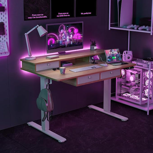 FiCiHi Adjustable Height Standing Desk with 4 Drawers,48 x 30 inches Electric Sit Stand Home Office Desk with Two Tiers, 3 Memory Presets, Monitor Stand Riser, USB A/C Charging Port