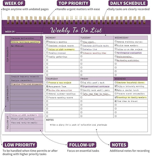 ALKALO Weekly To Do List Notepad, 52 Undated Sheets (8.5"×11") Duplex-Printed Weekly Desk Planner For Work Home School Office Desk Accessories Supplies & Goal Setting Tasks - Purple