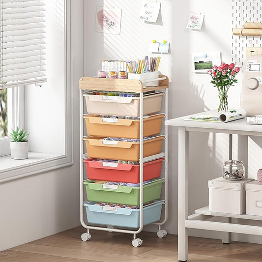Rolling Storage Utility Cart With 6 Drawers,Art Supply Craft Organizer,Sewing Makeup Organizer And Storage,Office Organization Wooden Tabletop,Rainbow