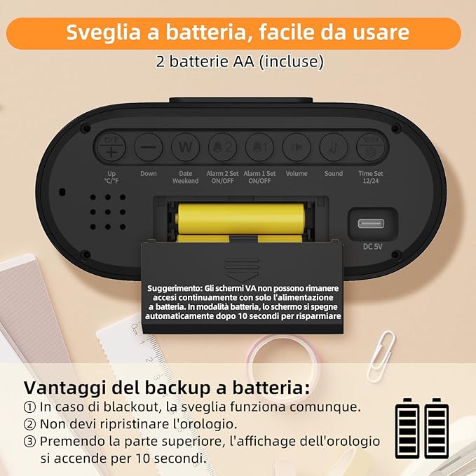 DOOMAY Digital Alarm Clock for Bedroom: Dual Alarm Bedside Clock VA LCD Display with Seconds, 9-Minute Snooze and Weekend Mode, 3 Brightness, 4 Alarms and 3 Volume Levels,Type C & Battery Included